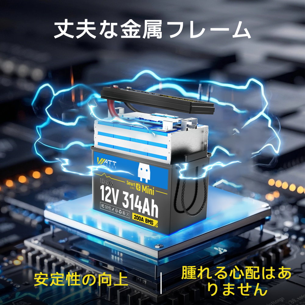 WattCycle 12V 314Ah Mini Basic LiFePO₄バッテリー — コンパクトサイズ、大容量
