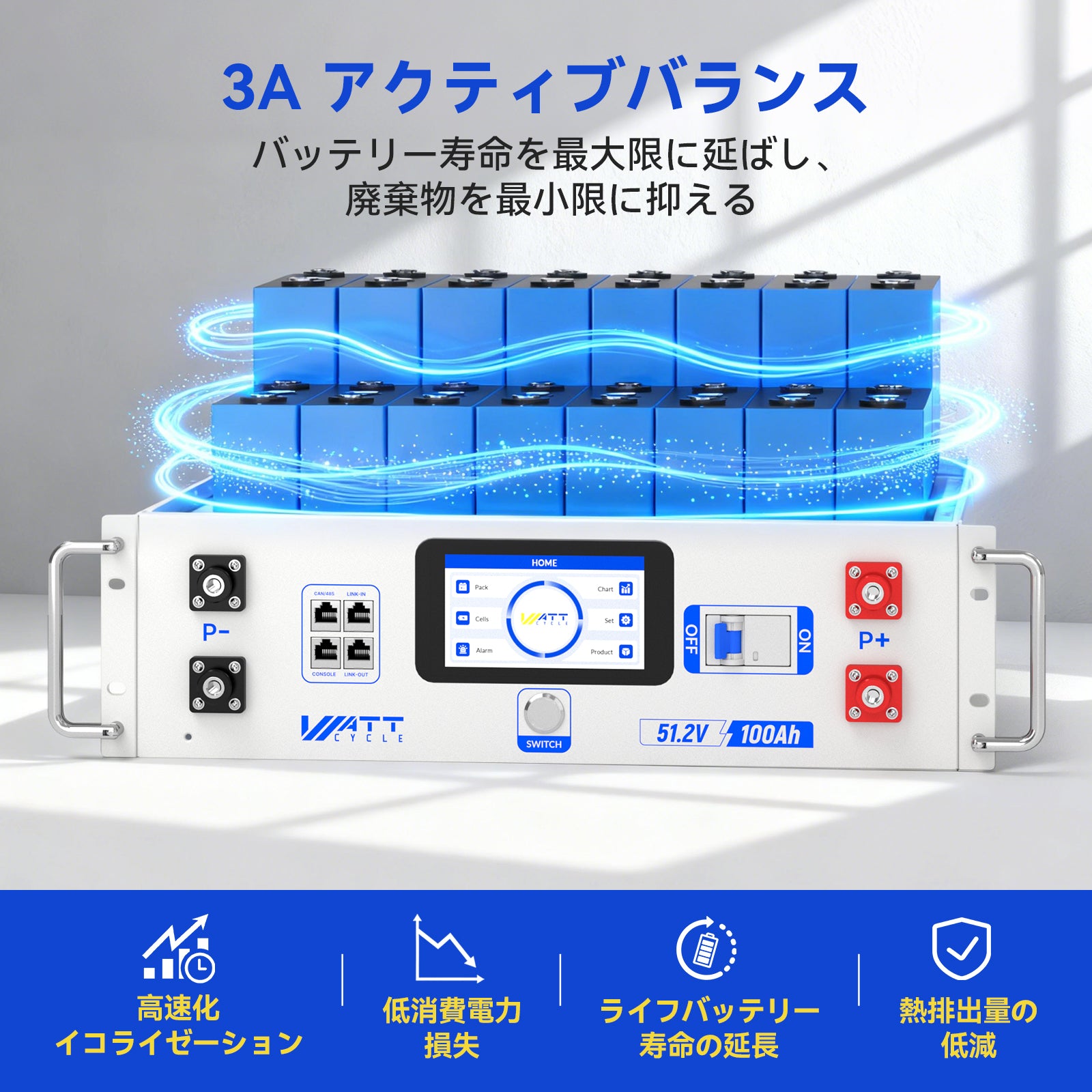 Bluetoothとアクティブバランス機能を搭載した48V 100Ah 3Uサーバーラックバッテリー
