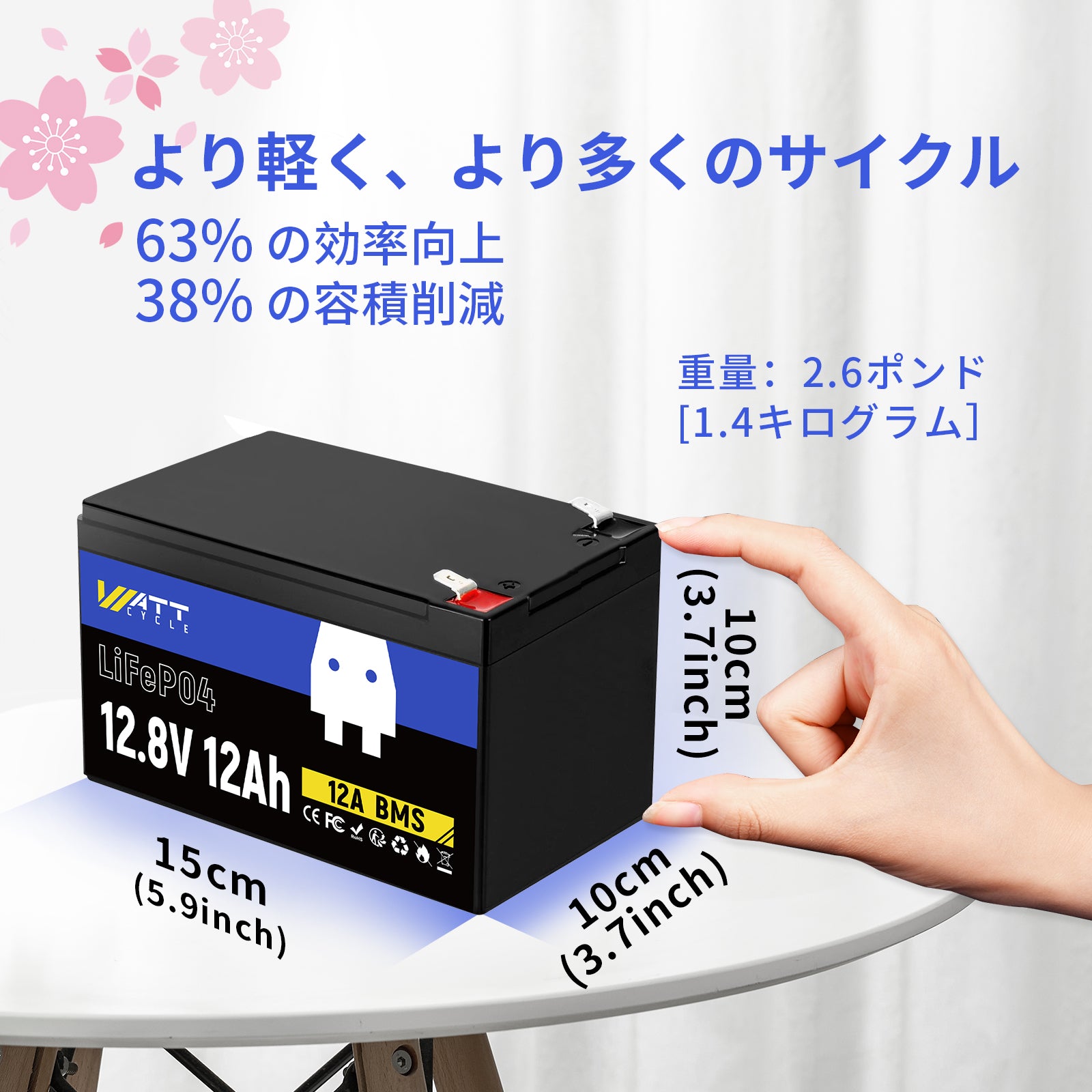 WattCycle 12V 8Ah LiFePO4軽量バッテリー、EV級A+セル・BMS内蔵・低温保護対応、多機器活用可能