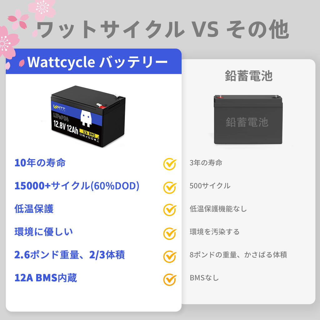 WattCycle 12V 8Ah LiFePO4軽量バッテリー、EV級A+セル・BMS内蔵・低温保護対応、多機器活用可能