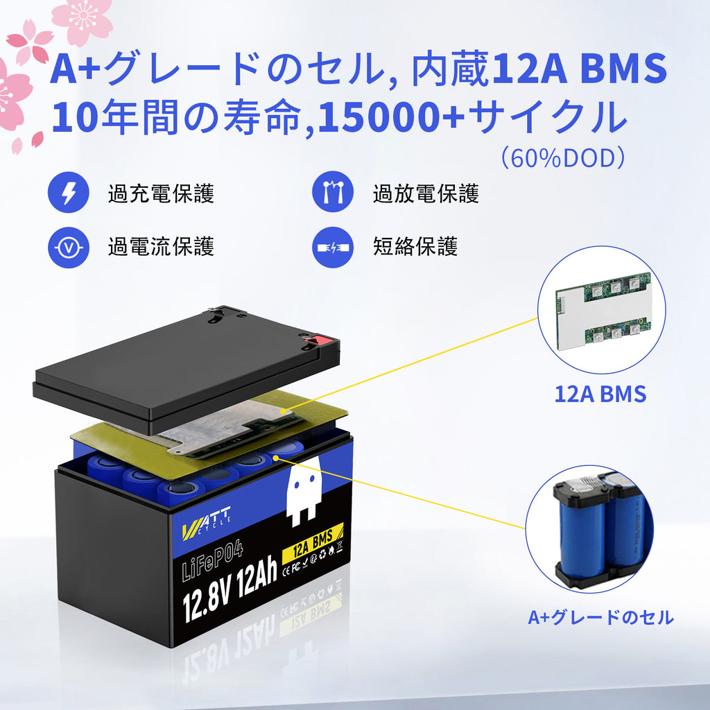 WattCycle 12V 8Ah LiFePO4軽量バッテリー、EV級A+セル・BMS内蔵・低温保護対応、多機器活用可能