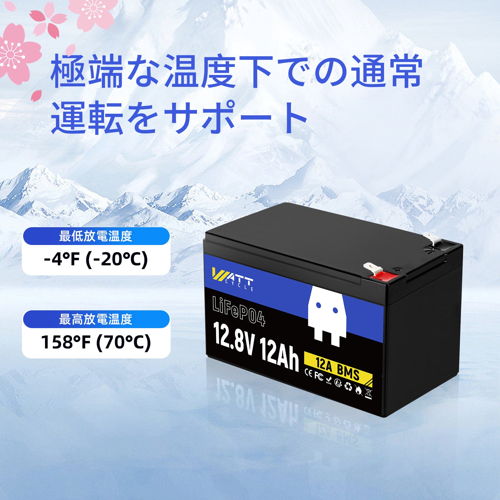 WattCycle 12V 8Ah LiFePO4軽量バッテリー、EV級A+セル・BMS内蔵・低温保護対応、多機器活用可能