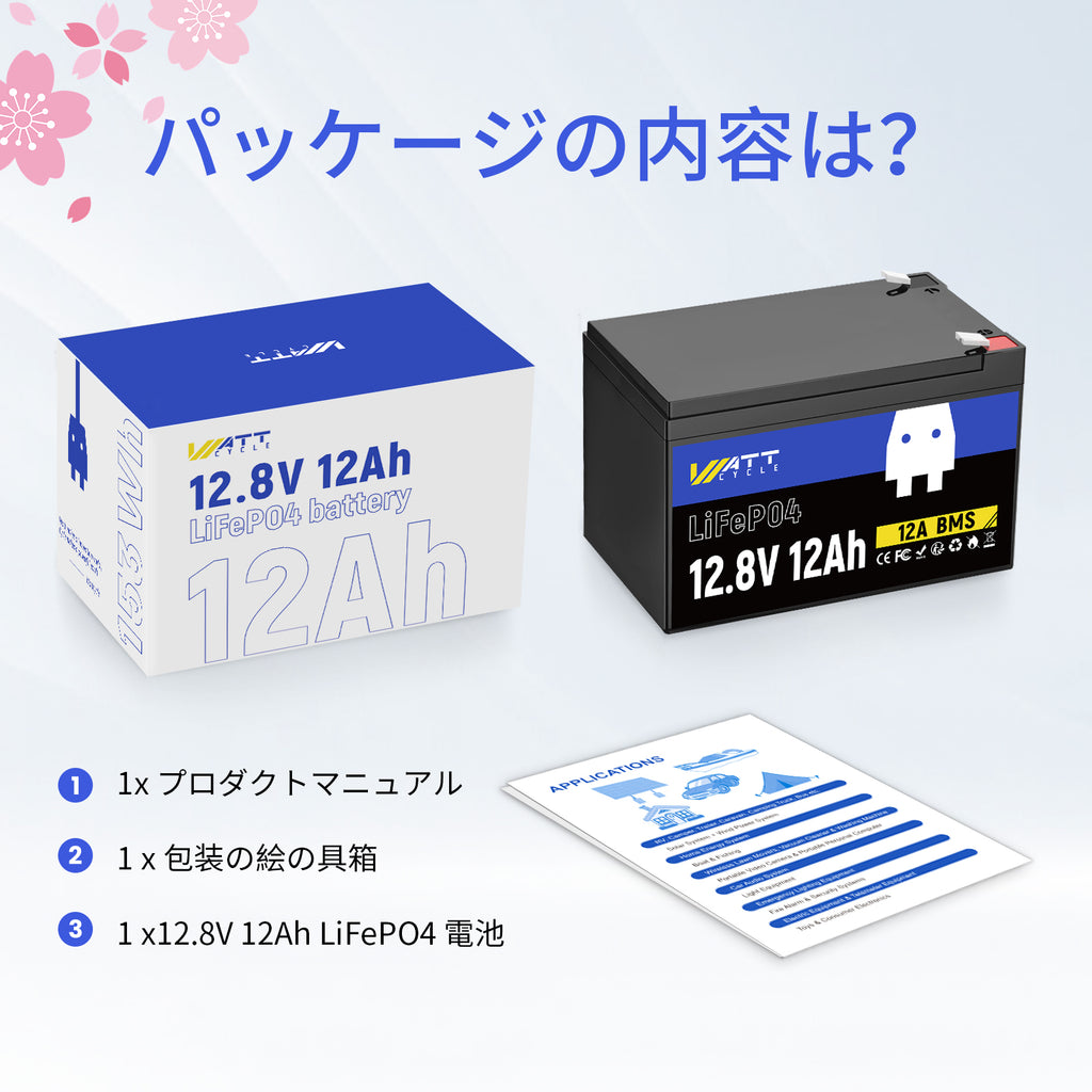 WattCycle 12V 8Ah LiFePO4軽量バッテリー、EV級A+セル・BMS内蔵・低温保護対応、多機器活用可能