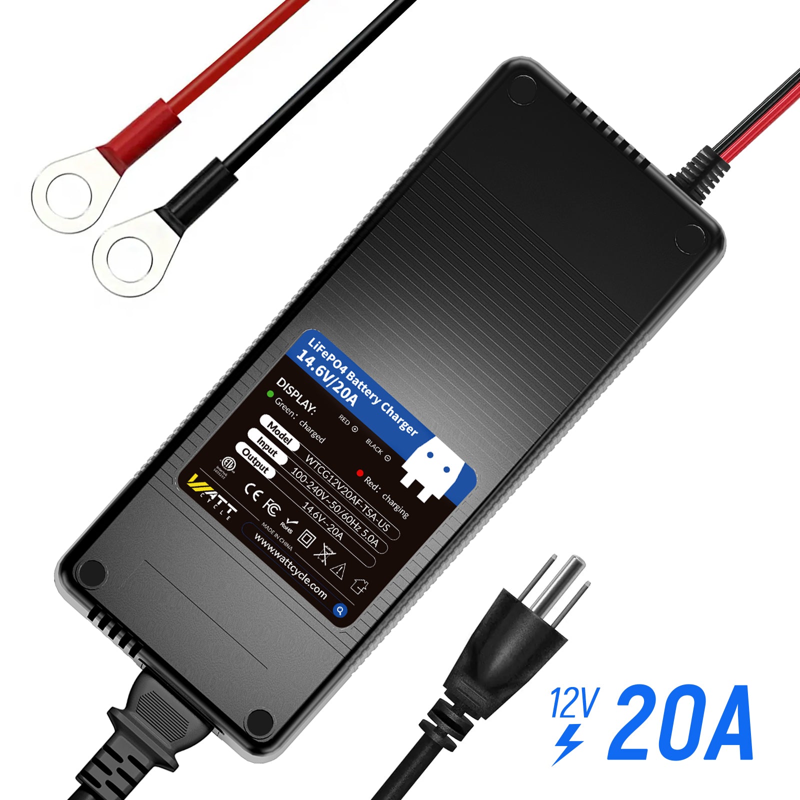 12V (14.6V) 20A プラスチックケース LiFePO₄バッテリー充電器