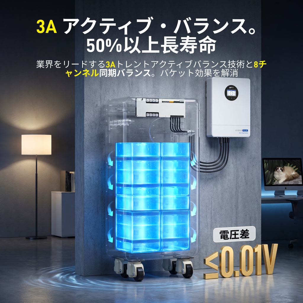 16kWh 48V 壁掛け式LiFePO4バッテリー – Bluetooth、アクティブバランシング、UL1973認証取得
